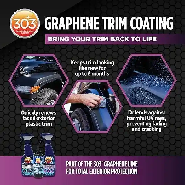 Vehicle exterior with protected plastic and rubber trim using 303 Graphene Trim Coating